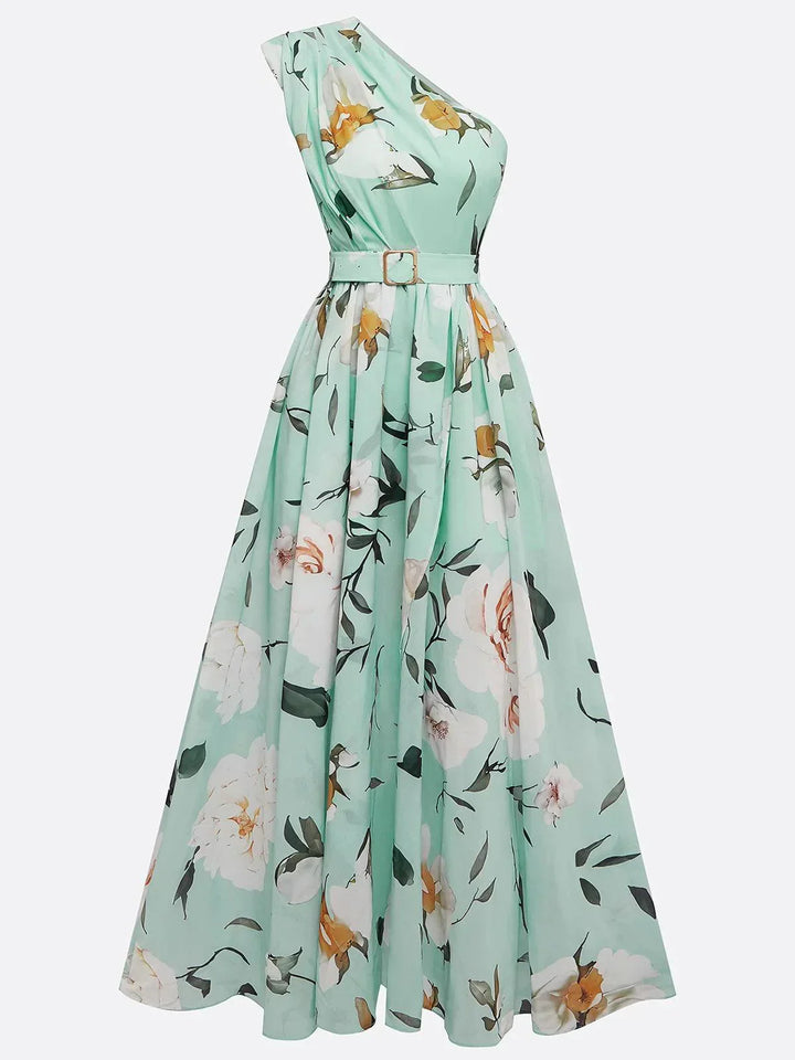 Julie | Hellgrünes Blumenchiffon-Ein-Schulter-Maxikleid