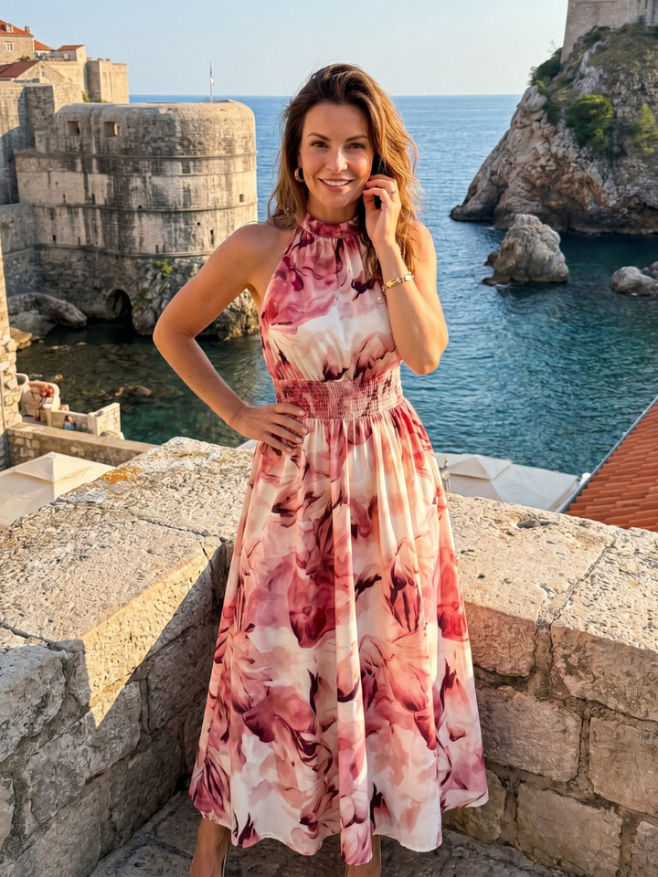 Olivia | Midikleid mit gerafftem Bund und abstraktem Print