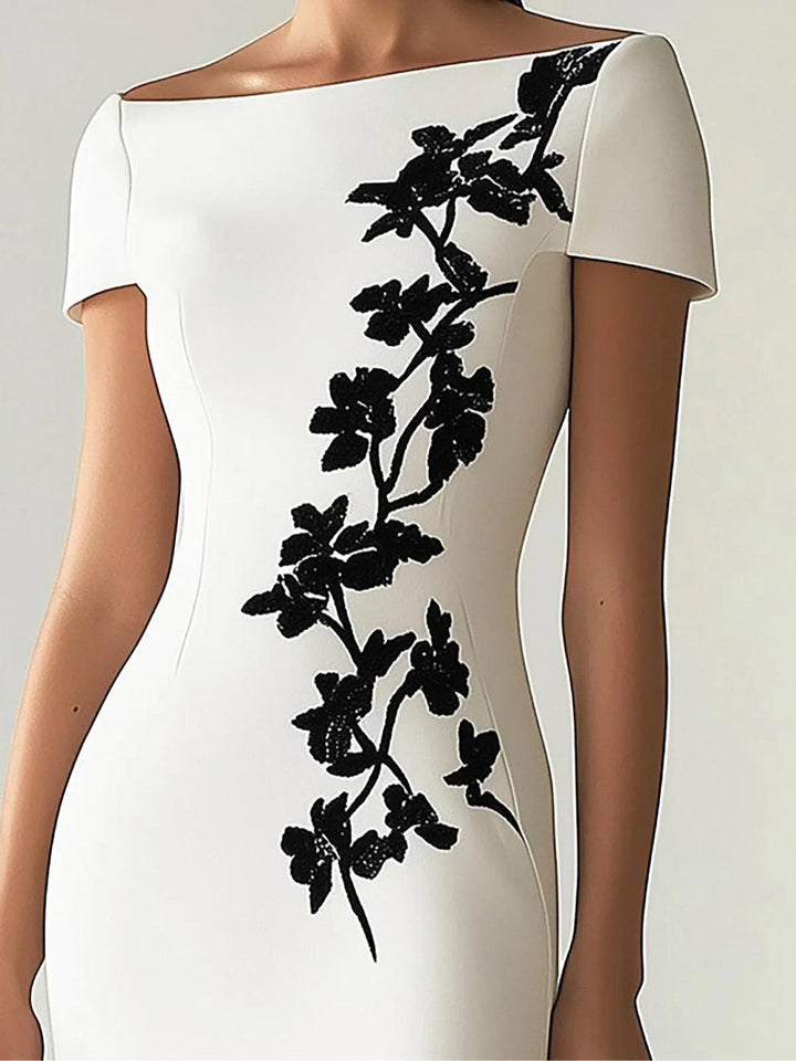 Audrey | Schickes Blumendruck Boot Neck Midi Kleid Outfit