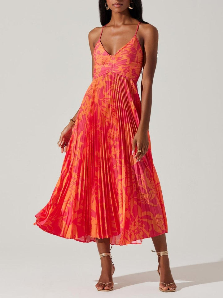 Heather | Küsten-Chic Elegantes Floral-Druck Falten Midi Kleid Kollektion