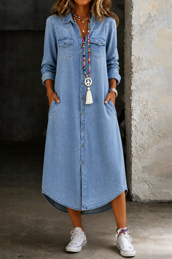 Helen | Lässiges elegantes langes Denim-Shirtkleid