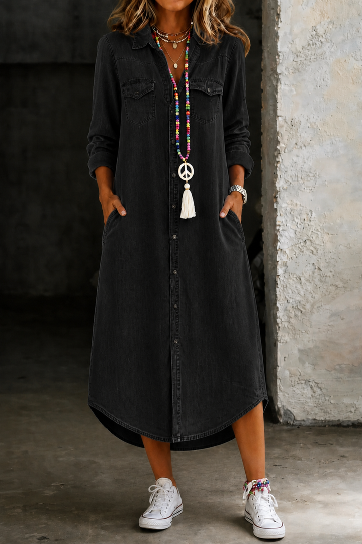 Helen | Lässiges elegantes langes Denim-Shirtkleid