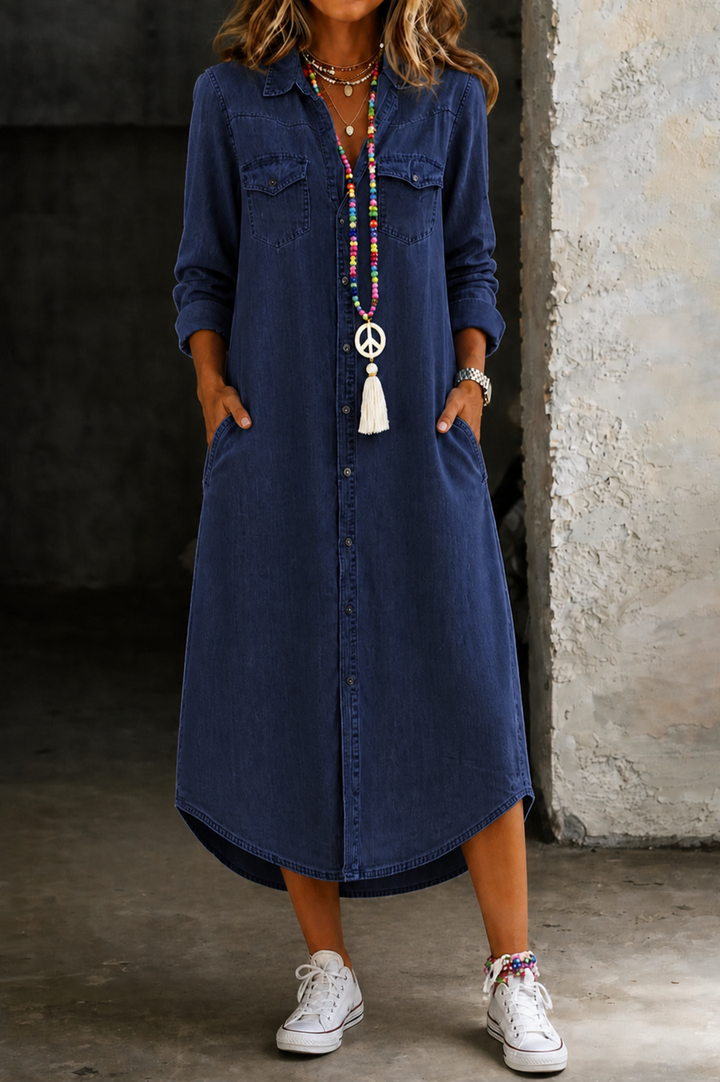Helen | Lässiges elegantes langes Denim-Shirtkleid