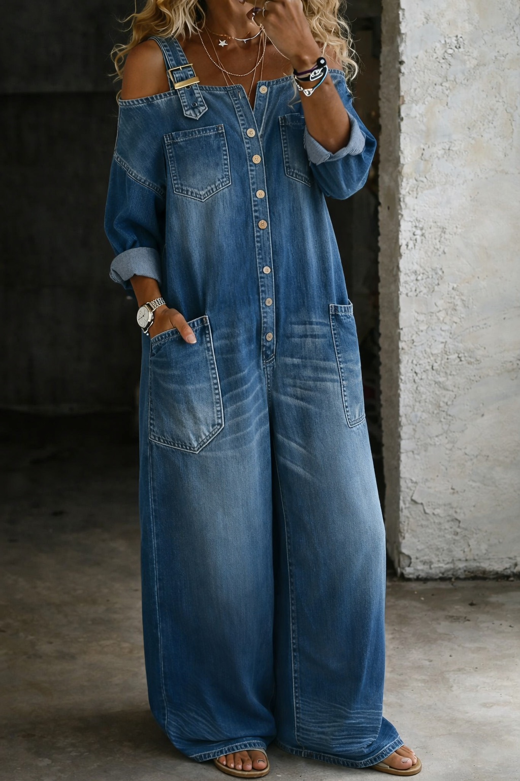 Sophia | Denim-Jumpsuit mit schulterfreiem Design