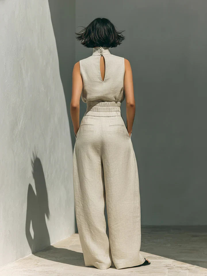 Flor™ | Minimalistisches Ensemble aus ärmelloser Bluse und weit geschnittene Hose aus Baumwolle und Leinen für Damen