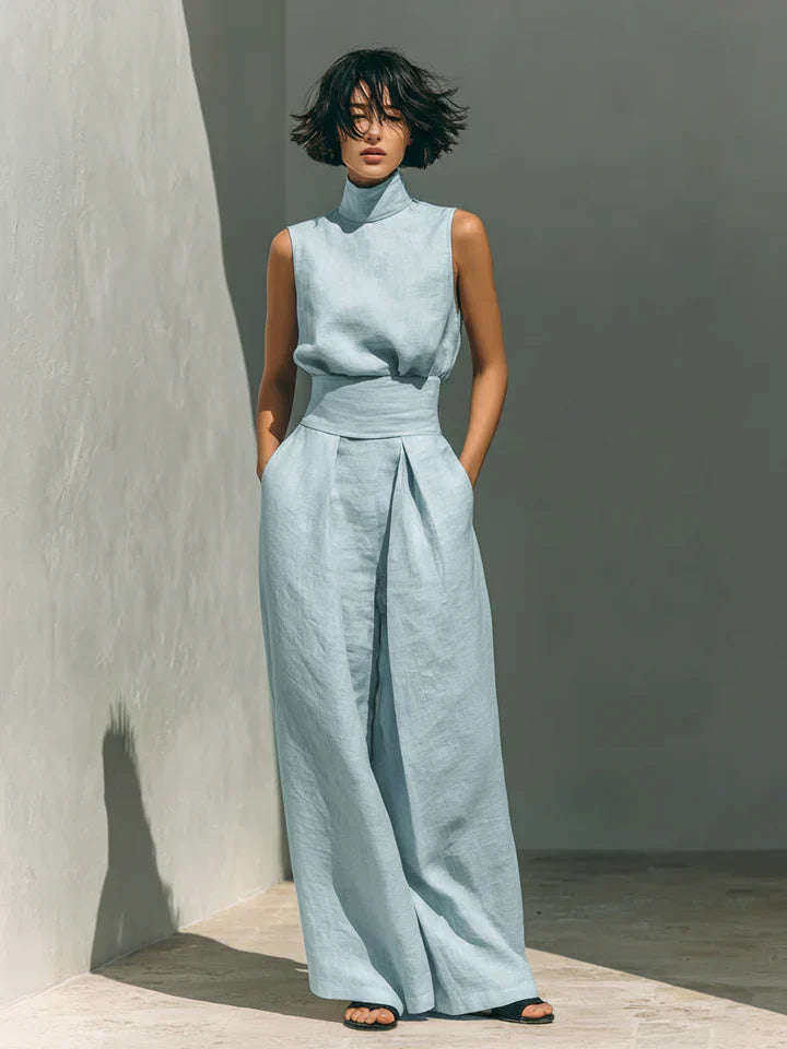 Flor™ | Minimalistisches Ensemble aus ärmelloser Bluse und weit geschnittene Hose aus Baumwolle und Leinen für Damen