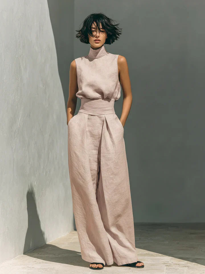 Flor™ | Minimalistisches Ensemble aus ärmelloser Bluse und weit geschnittene Hose aus Baumwolle und Leinen für Damen