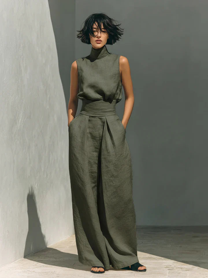 Flor™ | Minimalistisches Ensemble aus ärmelloser Bluse und weit geschnittene Hose aus Baumwolle und Leinen für Damen