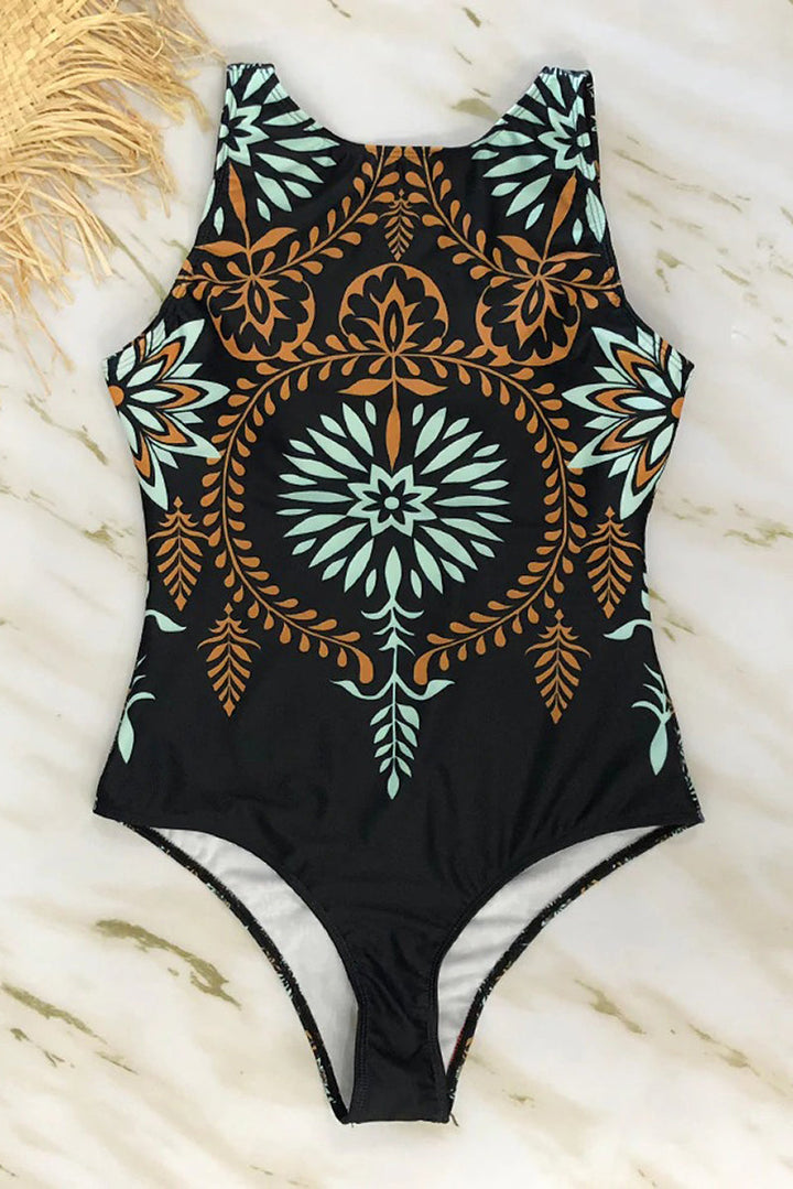Voll Badeanzug mit Boho-Print und hohem Kragen