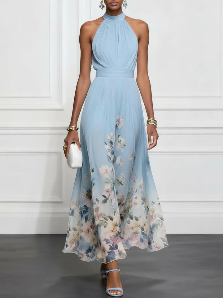 Rosalyn | Blaues Floral Chiffon Halter Maxi Kleid
