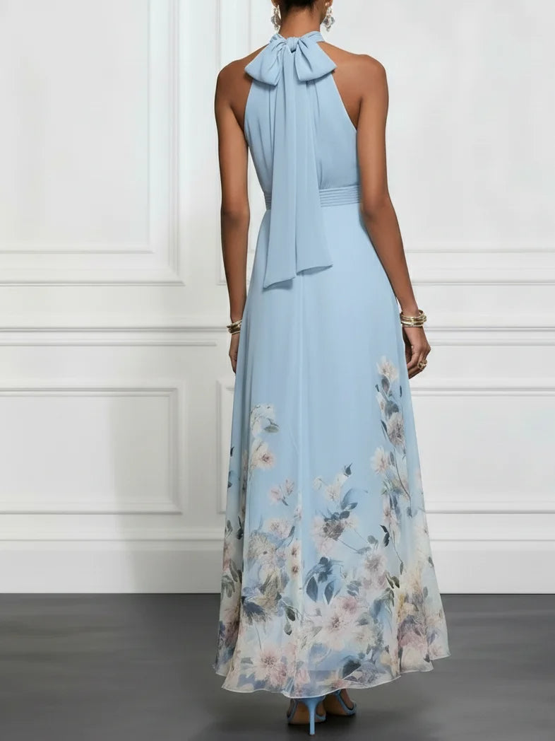 Rosalyn | Blaues Floral Chiffon Halter Maxi Kleid