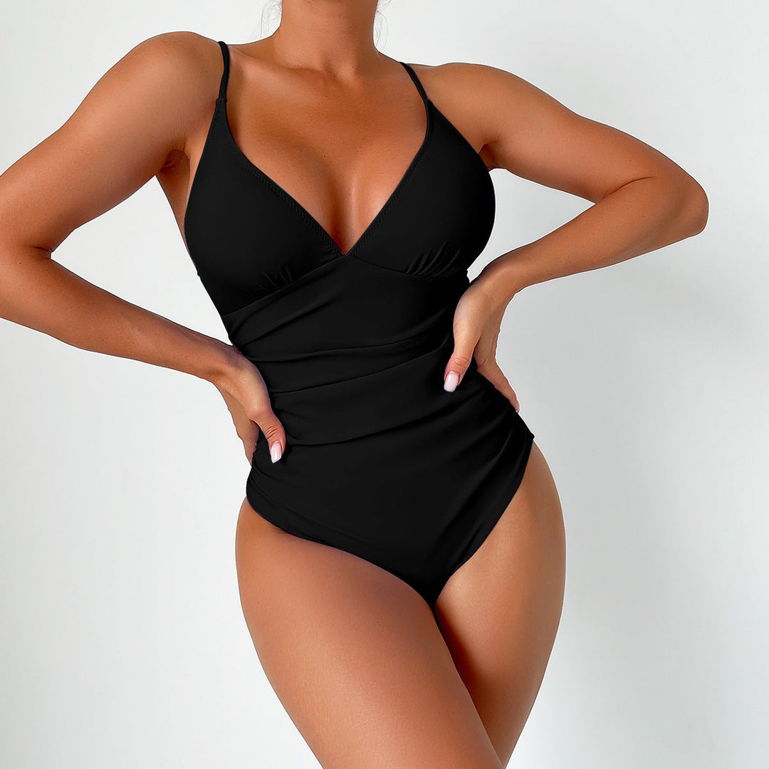 Vollschlankender Badeanzug mit V-Ausschnitt und feinen Trägern