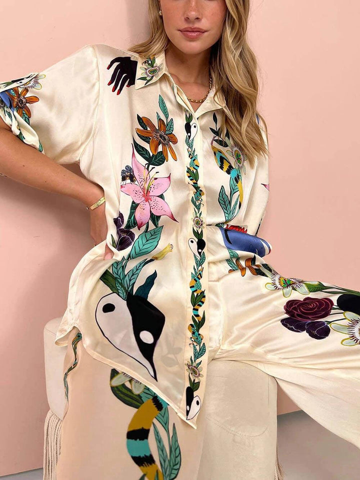 Nika | Resort Vibes Satin einzigartiges Druckhemd & Hosen-Set Passform