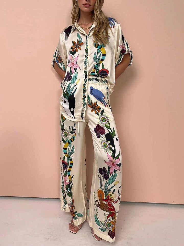 Nika | Resort Vibes Satin einzigartiges Druckhemd & Hosen-Set Passform