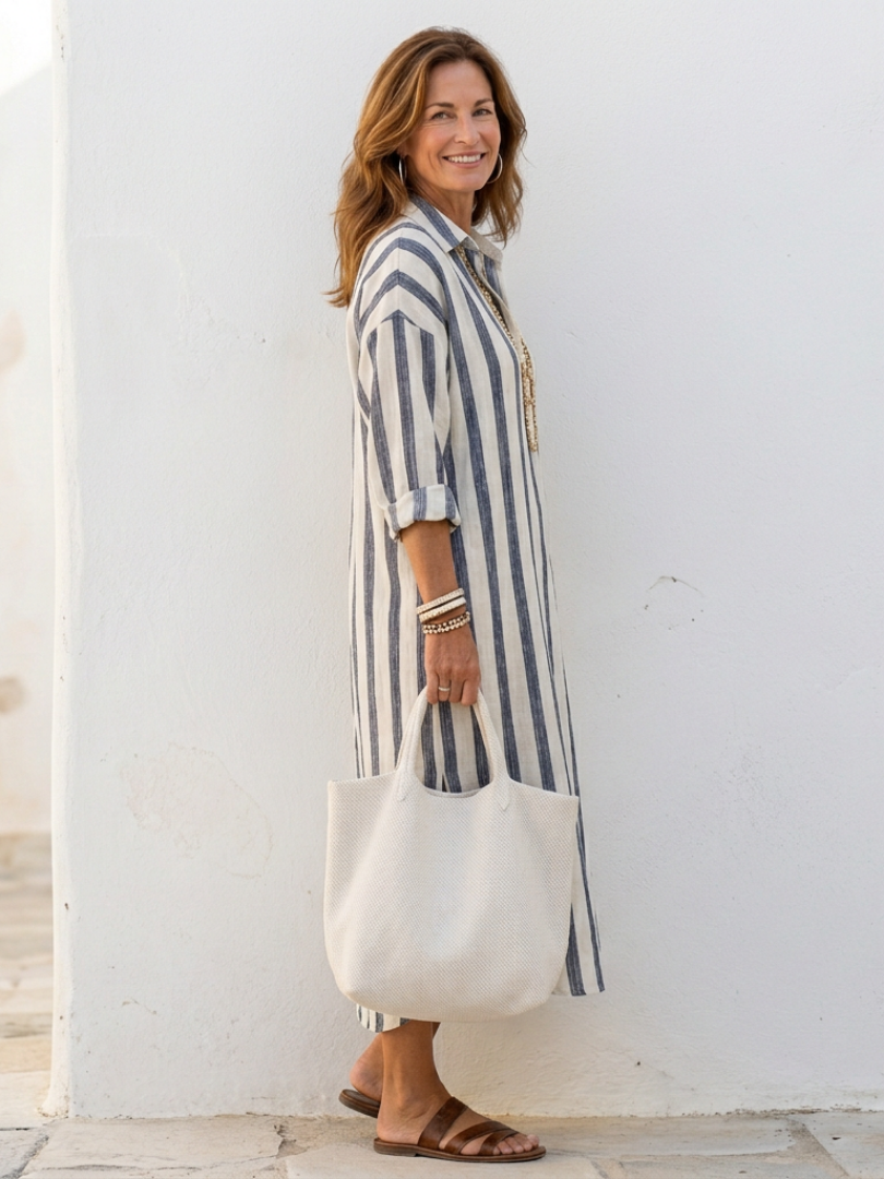 Naomi | Langärmliges gestreiftes Midi-Hemdkleid