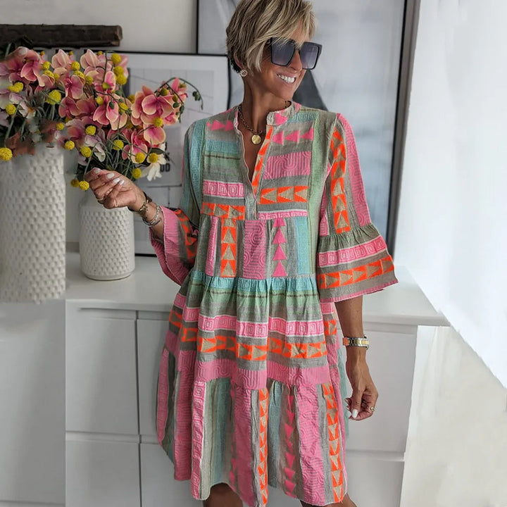 Elodie™ Chic V-Ausschnitt Baumwoll-Hanf Kleid