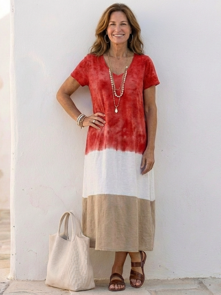 Thalia | Kurzarm Farbblock V-Ausschnitt Midi Kleid