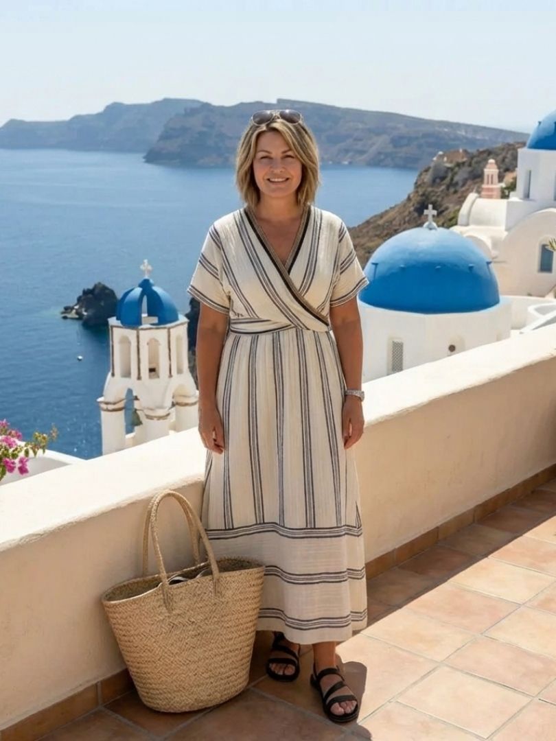 Thalassa | V-Ausschnitt Kurzes Ärmel Wickel Taille Midi Kleid