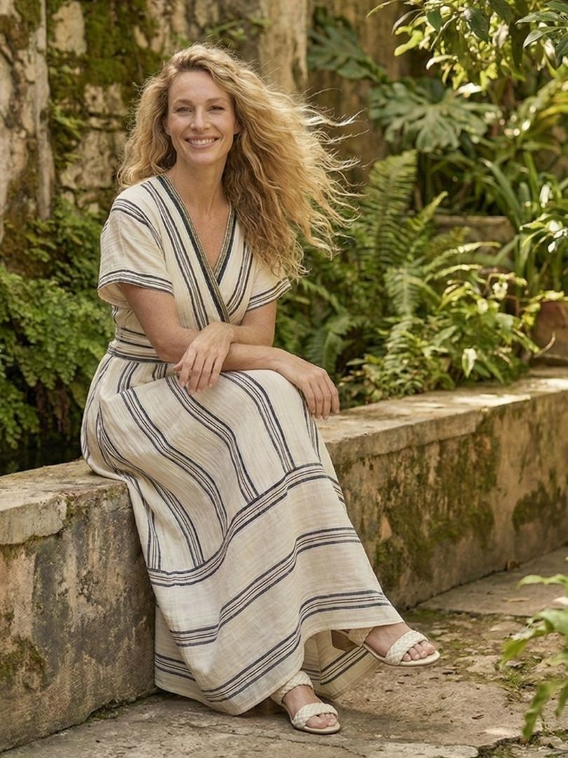 Thalassa | V-Ausschnitt Kurzes Ärmel Wickel Taille Midi Kleid