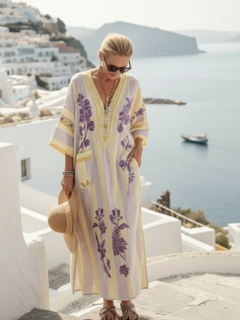 Aurelia | V-Ausschnitt Maxikleid mit halben Ärmeln und gestreiftem Blumenmuster