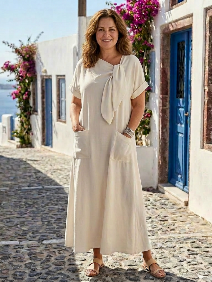 Elowyn | Rundhals Kurzarm Taschen Maxi Kleid