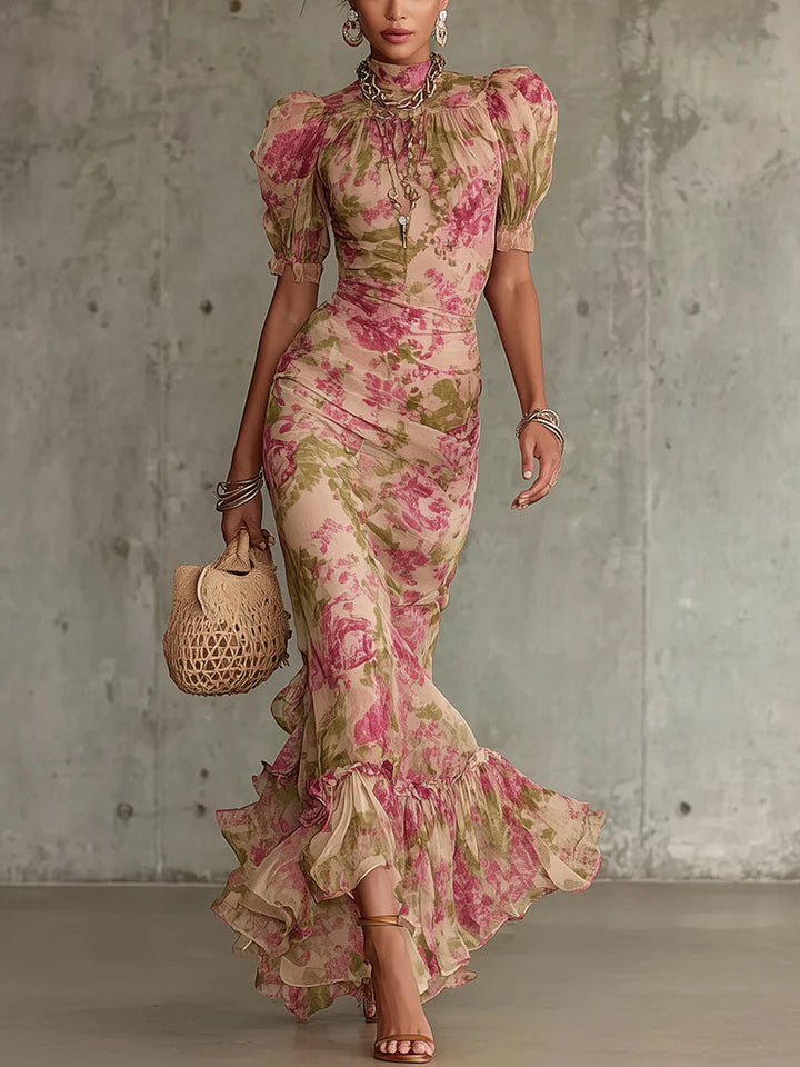Mae | Vintage-Rosenmuster Puffärmel Maxi-Kleid