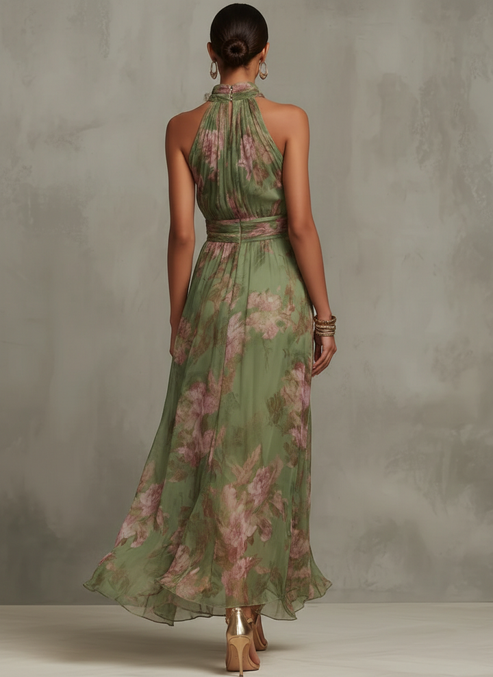 Florenz | Grünes Blüten-Chiffon-Halter-Maxikleid