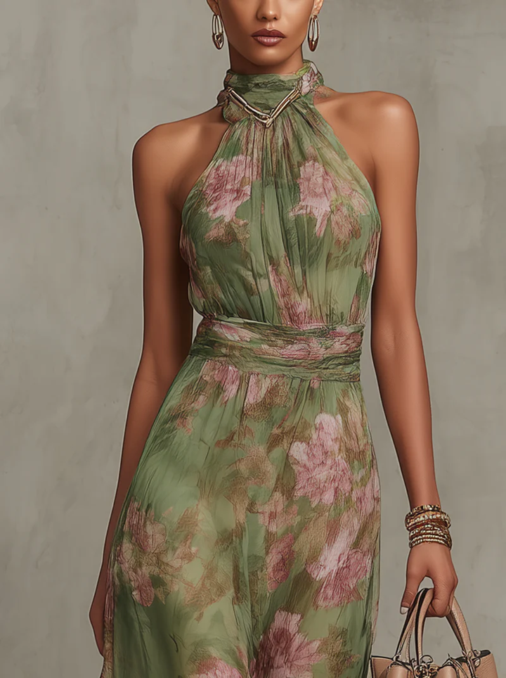 Florenz | Grünes Blüten-Chiffon-Halter-Maxikleid