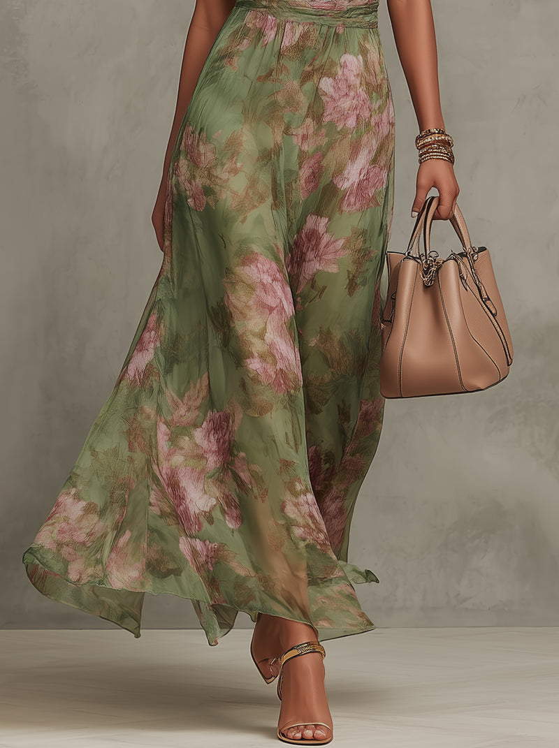 Florenz | Grünes Blüten-Chiffon-Halter-Maxikleid