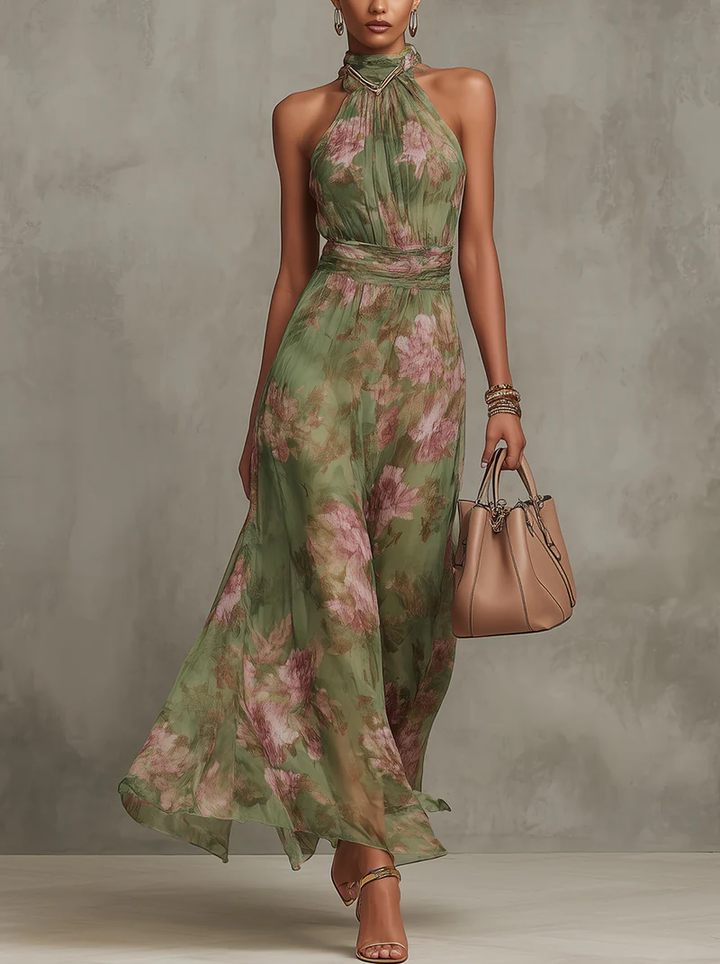 Florenz | Grünes Blüten-Chiffon-Halter-Maxikleid