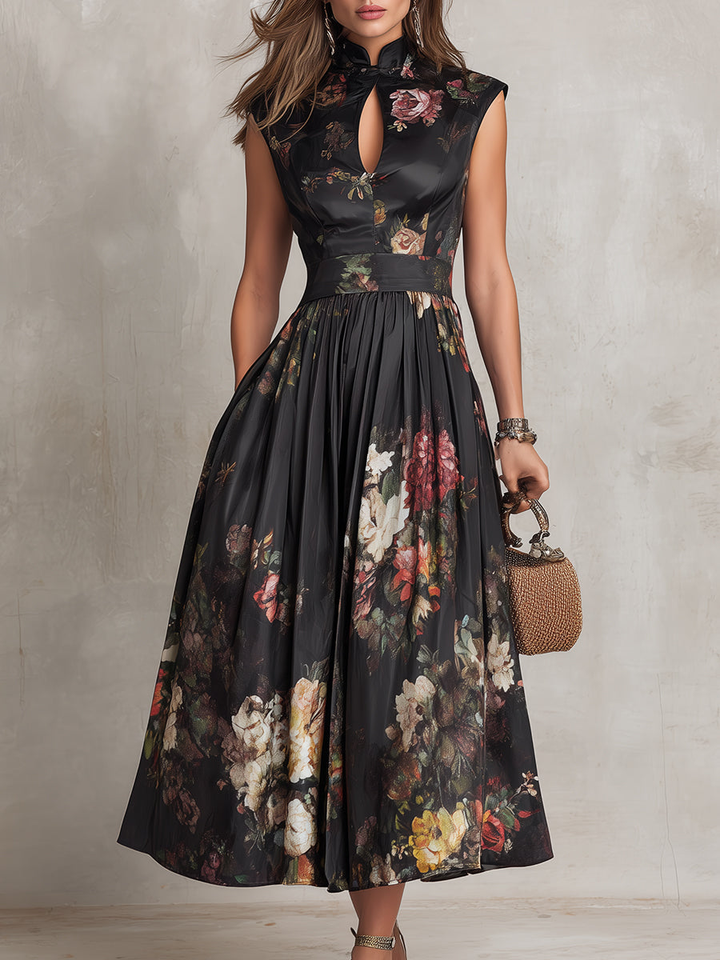 Patricia | Schwarzes Floral Satin Plissiertes Midi-Kleid
