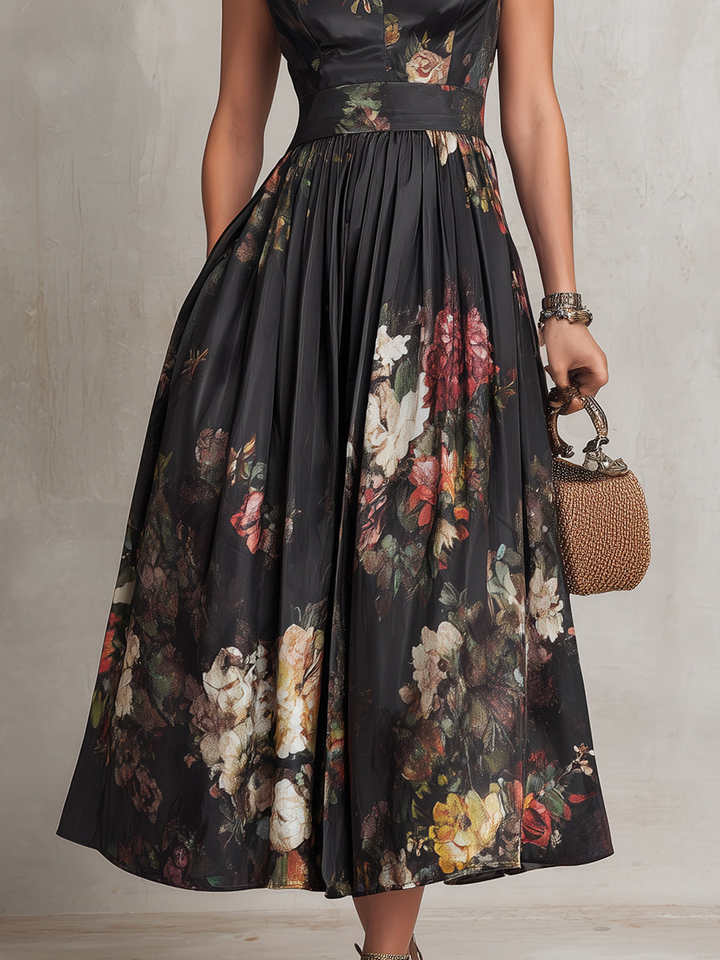 Patricia | Schwarzes Floral Satin Plissiertes Midi-Kleid