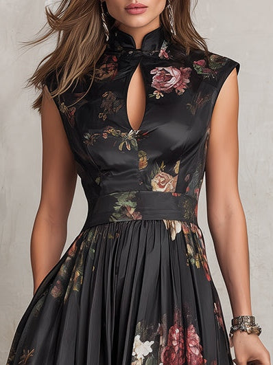 Patricia | Schwarzes Floral Satin Plissiertes Midi-Kleid