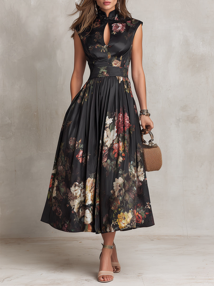 Patricia | Schwarzes Floral Satin Plissiertes Midi-Kleid