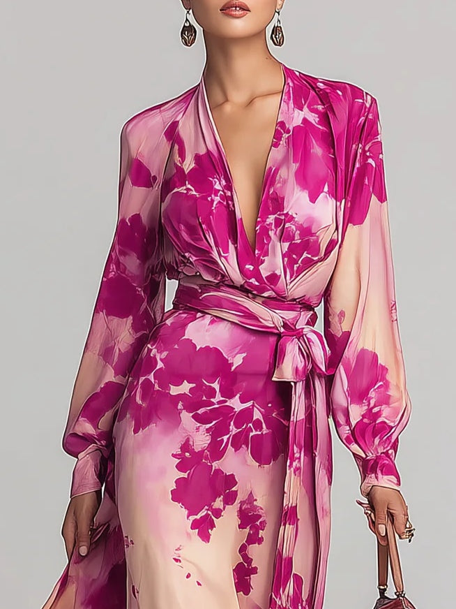 Julia | Rose Floral V-Ausschnitt Maxikleid mit Gürtel