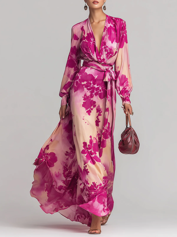 Julia | Rose Floral V-Ausschnitt Maxikleid mit Gürtel