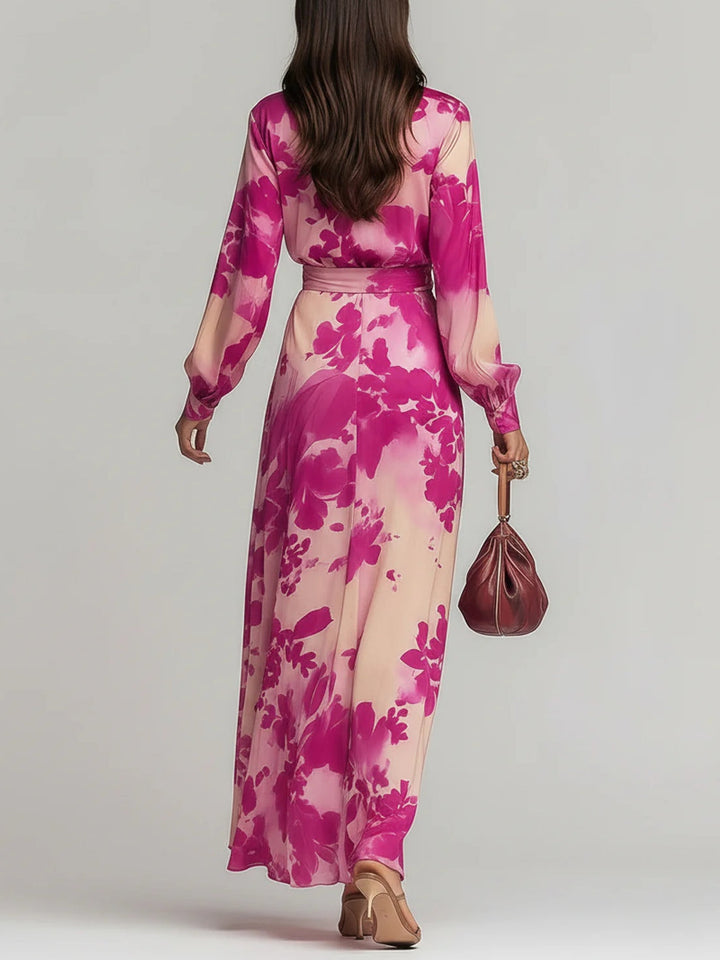 Julia | Rose Floral V-Ausschnitt Maxikleid mit Gürtel