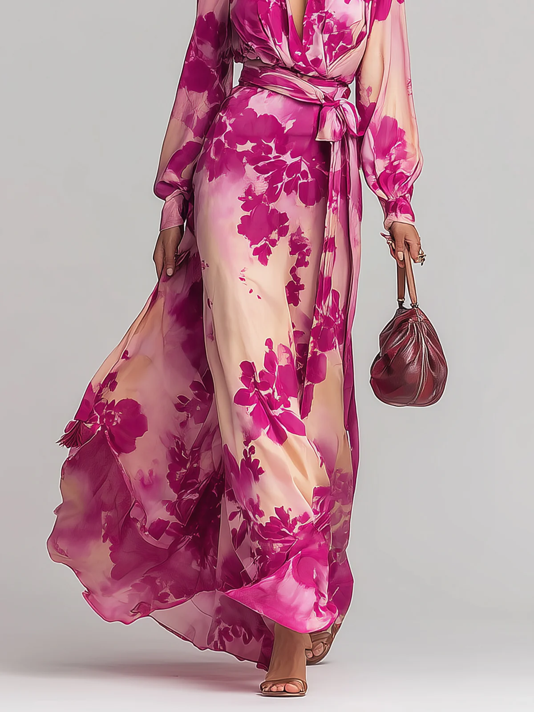 Julia | Rose Floral V-Ausschnitt Maxikleid mit Gürtel