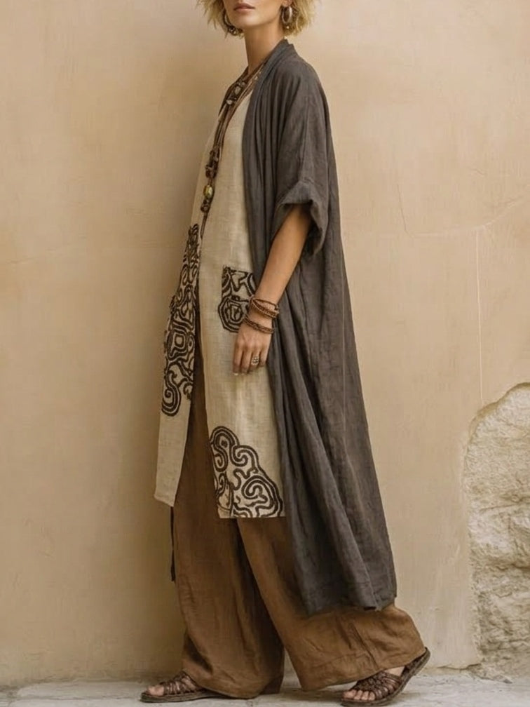 Sophie | Dunkelgraues & Braunes Tribal-Print Drei-Teile-Set