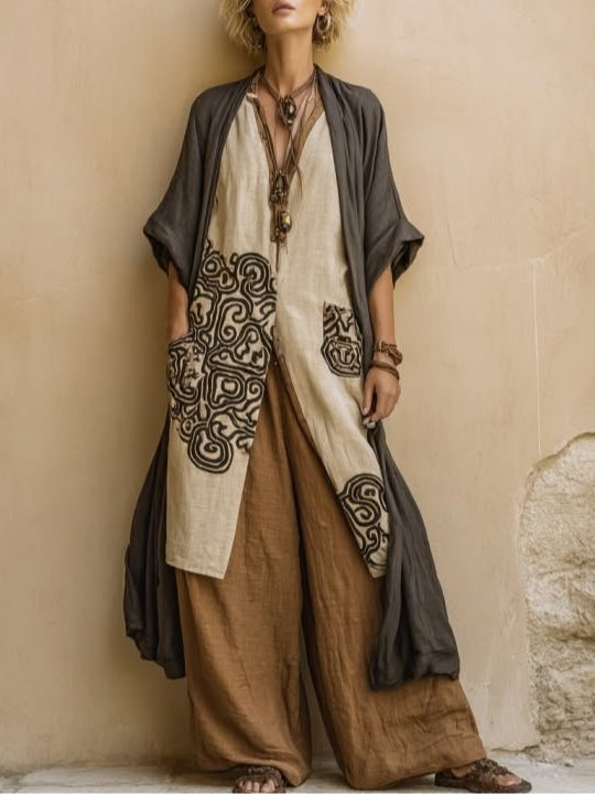 Sophie | Dunkelgraues & Braunes Tribal-Print Drei-Teile-Set
