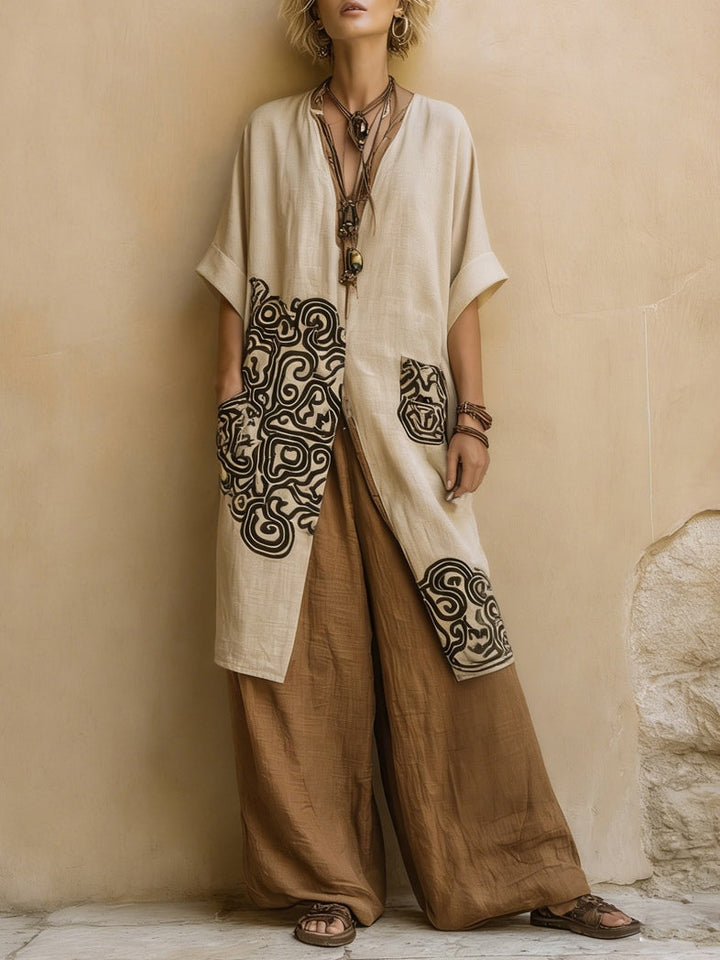 Sophie | Dunkelgraues & Braunes Tribal-Print Drei-Teile-Set