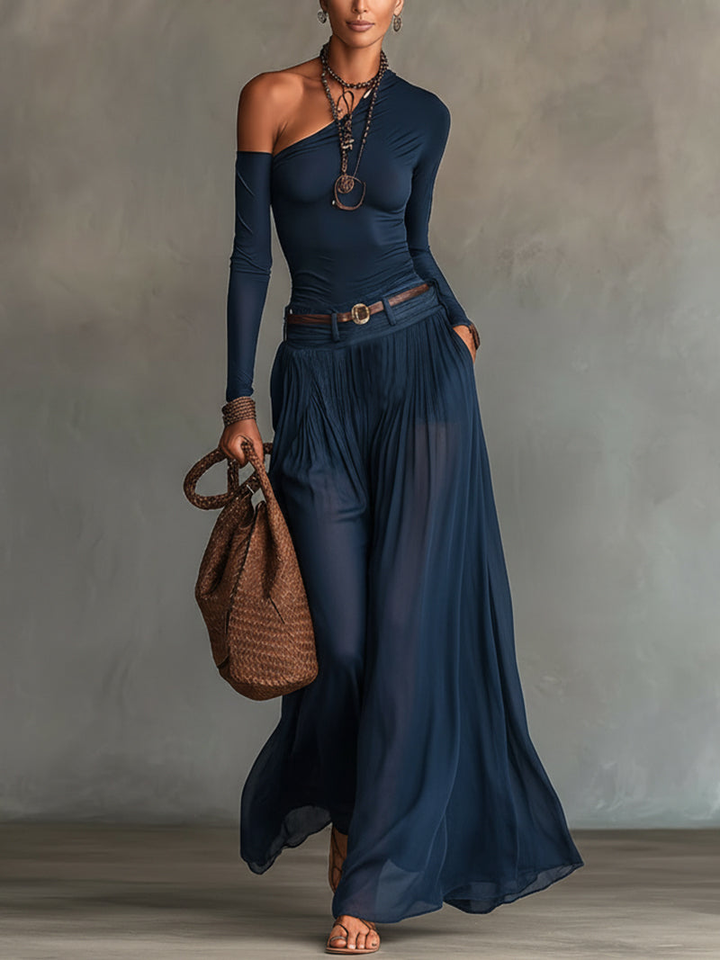 Lore | Navy Ein-Schulter Top und Rock Zweiteiler Set