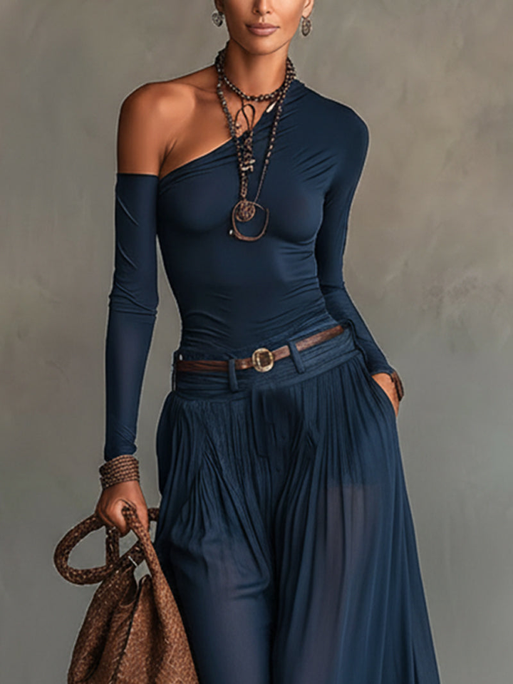 Lore | Navy Ein-Schulter Top und Rock Zweiteiler Set