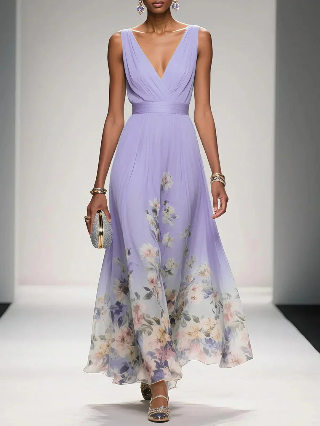 Rose | Hellblaues Floral Chiffon V-Ausschnitt Maxikleid