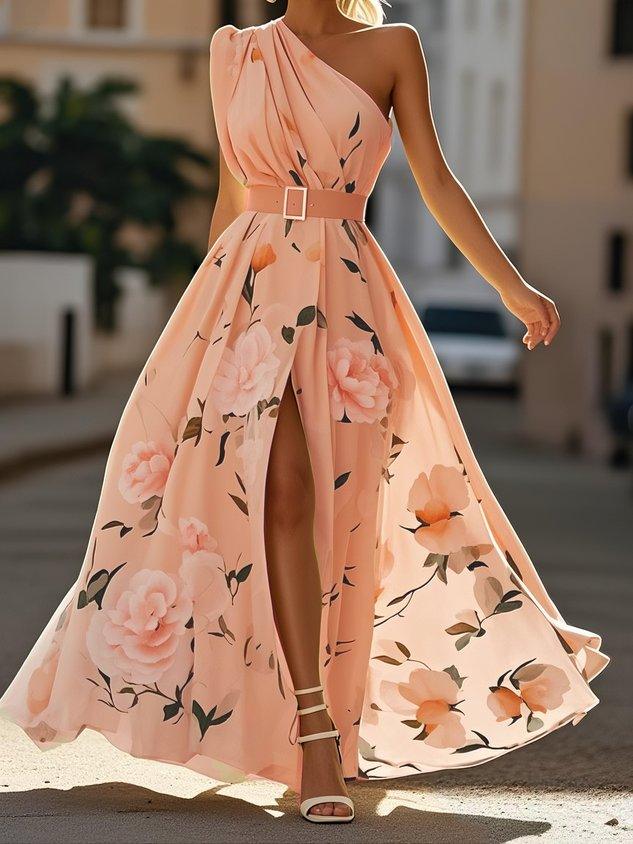Julie | Hellgrünes Blumenchiffon-Ein-Schulter-Maxikleid