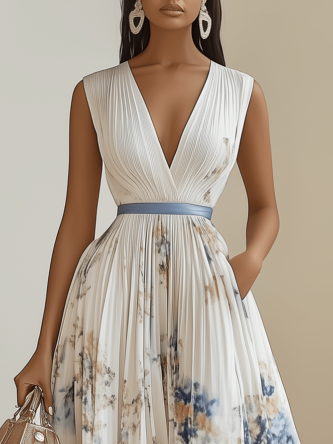 Chloe | Weißes Floral Chiffon V-Ausschnitt Plissiertes Midi-Kleid