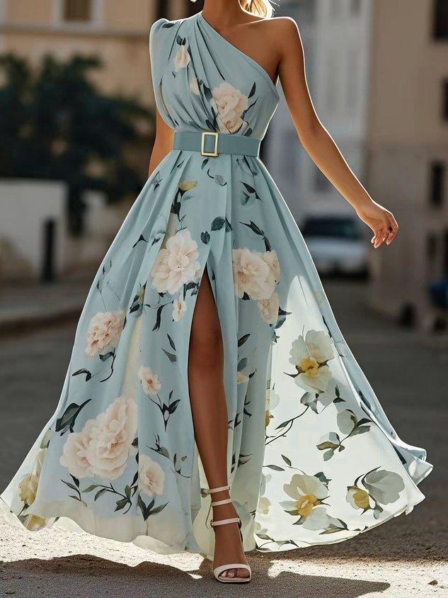 Julie | Hellgrünes Blumenchiffon-Ein-Schulter-Maxikleid