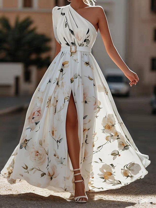 Julie | Hellgrünes Blumenchiffon-Ein-Schulter-Maxikleid