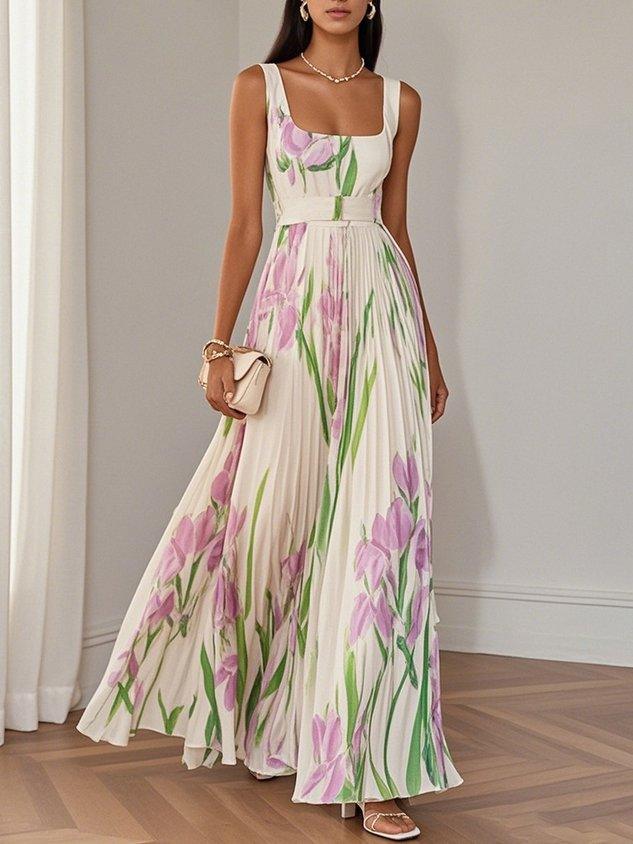 Marie | Weißes Plissiertes Floral Chiffon Maxikleid