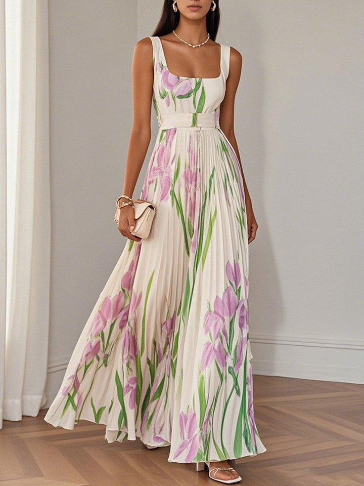 Marie | Weißes Plissiertes Floral Chiffon Maxikleid